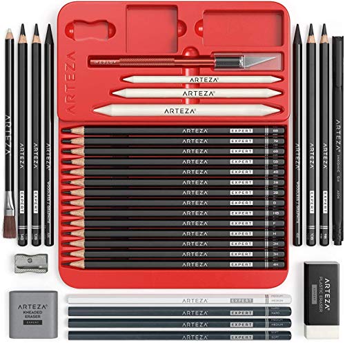 Arteza Drawing Set for Adults, Set of 33 Artist Sketching Tools, 20 Graphite & 4 Charcoal Sketch Pencils, 1 Fineliner, 3 Blenders, 1 Sharpener, 3 ARTEZA