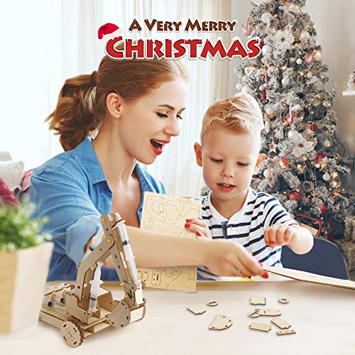 3D Wooden Construction Excavator Vehicle Toys Set, STEM Science Kit with Air Pressure System to Build A Wood Excavator Model Including 3 Replaceable Mini Tudou