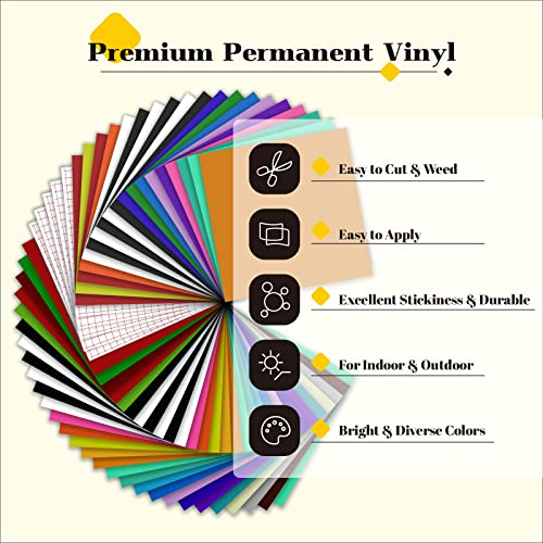 HTVRONT Permanent Vinyl for Cricut Machine-57 Pack 12" x 12" Permanent Vinyl Bundle, 52 Adhesive Vinyl Sheets & 5 Transfer Tape for Vinyl Permanent HTVRONT