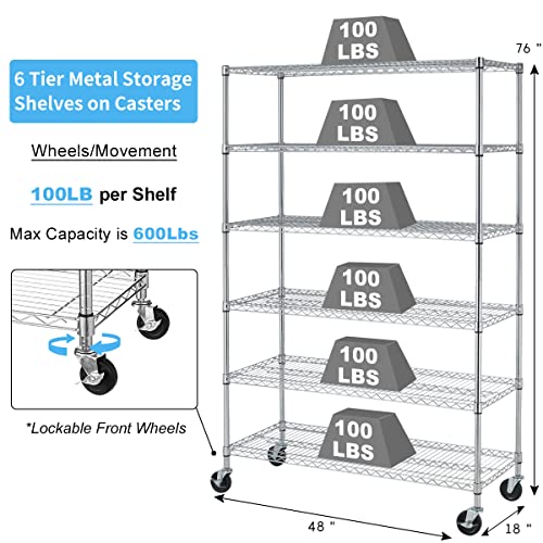 Storage Shelves Heavy Duty, 5999 Lb Capacity Wire Shelving Units Metal Shelf with Wheels NSF Certification 48" L×18" W×72" H Height Adjustable for Dlewmsyic