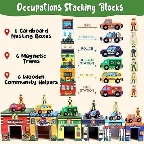Atoylink Toddler Sorting and Stacking Toys with Magnetic Wooden Cars & Community Helpers, Baby Number Blocks Nesting Boxes Preschool Learning Atoylink