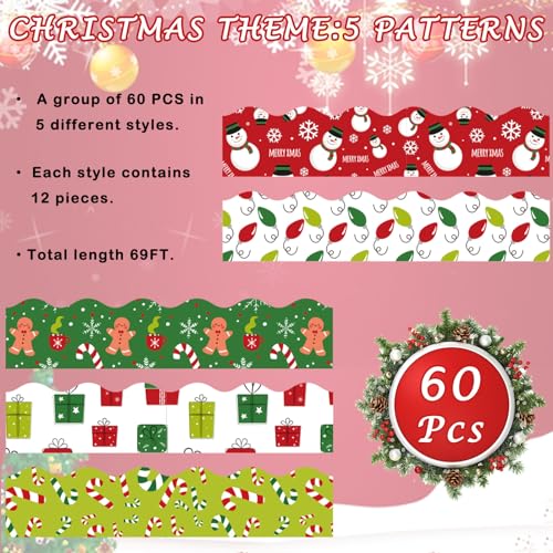 Whaline 69Ft Christmas Bulletin Board Borders Snowman Gingerbread Man Candy Bulb Self-Adhesive Bulletin Border Stickers for Holiday Classroom Office Whaline