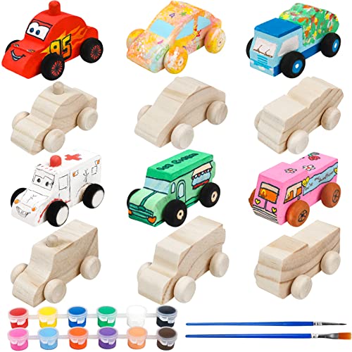 SHAPGEI 12 Pieces Wood DIY Car Toys Unfinished Wooden Cars Paintable Wood Car Blocks Crafts for Students Home Activities Easy Woodworking and Family SHAPGEI