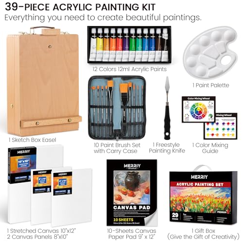 MERRIY 29-Piece Acrylic Paint Set, Painting Supplies Kit with Tabletop Sketch Box Easel, 12 Colors Acrylic Paints,10"x 12" Stretched Canvas,Premium MERRIY