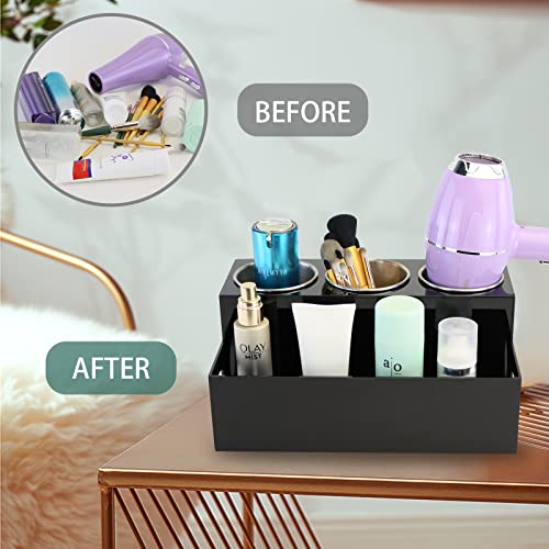 PITBVO Hair Tool Organizer, Black Acrylic Hair Dryer Holder with 3 Cups, Bathroom Supplies Countertop Blow Dryer Holder, Vanity Caddy Storage Stand PITBVO
