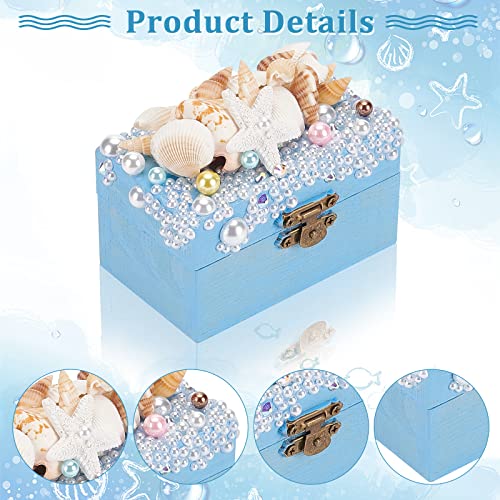 WEBEEDY 2 Sets Mermaid Jewelry Box Unfinished Wood Treasure Chest Mine Jewelry Box DIY Craft Kits with Hinged Lid and Front Clasp Nautical Trinket WEBEEDY
