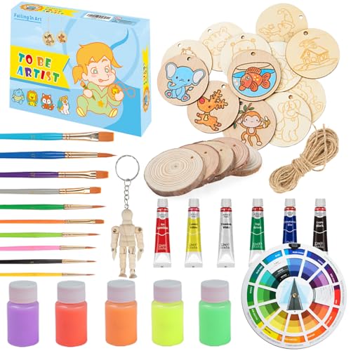 Falling in Art 51 Pcs DIY Canvas Painting Kit for Kids, Acrylic Paint  Supplies Set with 7 Canvas Panels, 12 Acrylic Paints, 12 Wooden Slices, and  10