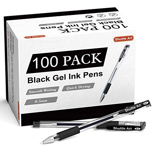 Shuttle Art Black Gel Pens, 100 Pack Fine Point Black Ink Pens Bulk, 0.5mm Rollerball Gel Ink Pens Smooth Writing with Comfortable Grip for Office, Shuttle Art