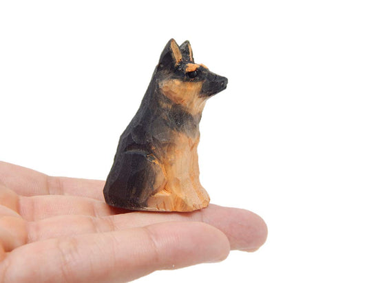 German Shephard Dog Puppy Figurine Miniature Wood Carving Handmade Home Decor Small Animal Garden Statue Pet Canine Hound