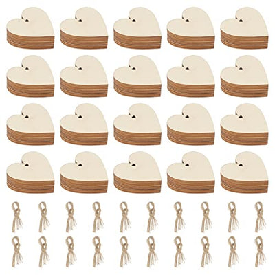LEXININ 200 PCS 2.7 Inch/ 7cm Wooden Hearts Slices with Hole, Wooden Heart Tags with Hemp Rope, Wood Hearts Pieces for Crafts DIY Gift Decoration