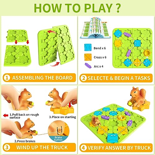 STEM Board Games Kids Toys, Build-A-Track Brain Teaser Puzzles for Kids Ages 4-8 with 118 Challenges & 5 Difficulty Levels Squirrel Logic Track burgkidz