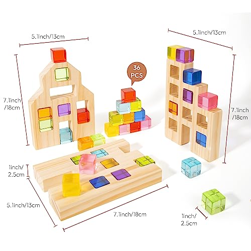 Woodtoe Wooden Building Blocks Set for Kids, 36 PCS Rainbow Acrylic Gem Cubes Blocks - 3 Wood House, Montessori Stacking Toy for Toddlers, Woodtoe