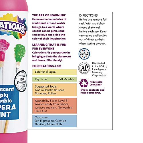 Colorations Washable Tempera Paint, Set of 7, 16 fl oz, Set of 7, Neon, Neon, Non Toxic, Vibrant, Bold, Bright, Kids Paint, Craft, Hobby, Fun, Art Colorations