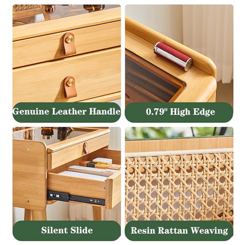 Dressing Table with Mirror and Drawers Bamboo Vanity with Stool Makeup Vanity Table Genuine Leather Handles Comfortable to Touch Silent Slide No QQB