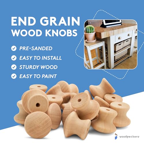Woodpeckers End Grain Wood Knobs 3/4-inch, Pack of 25 Unfinished Small Wooden Knobs for Cabinets, Dressers, Drawer Pull Knobs, Furniture Replacement Woodpeckers