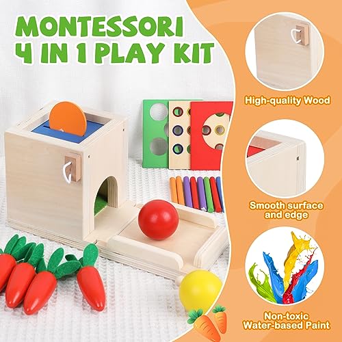 Wooden Montessori Toys Toddlers Play Kit, 4-in-1 Object Permanence Box, Coin Box, Carrot Harvest, Color Match Sticks Drop Game, Educational Learning Xylolin