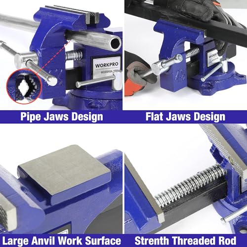 WORKPRO Bench Vise, 4-1/2" Vice for Workbench, Utility Combination Pipe Home Vise, Swivel Base Bench for Woodworking WORKPRO