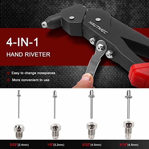 HAUTMEC Pop Rivet Gun,360° Swivel Head Hand Rivet Tool with 4 Manual Interchangeable Rivet Heads HT0128-HR HAUTMEC