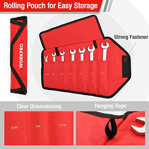 WORKPRO 7-Piece Ratcheting Combination Wrench Set, 72 Teeth, Combo Ratchet Wrenches Set with Roll Up Pouch, SAE 5/16"-11/16" WORKPRO