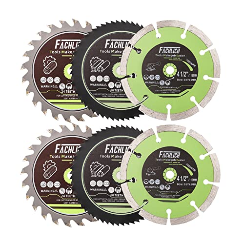 FACHLICH 4-1/2" Circular Saw Blades Set,6pcs HSS/TCT/Diamond Saw Blades for Cutting Wood Metal Plastic Tile 3/8 inch Arbor FACHLICH