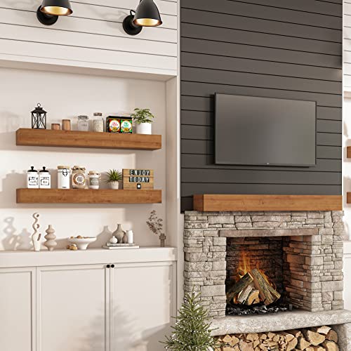 ROOREVO Wall Floating Shelves, Rustic Wood Shelf for Wall Mounted - Wooden Handmade Shelves for Bathroom Kitchen Livingroom(Walnut, 36 Inch - 2 Pack) ROOREVO