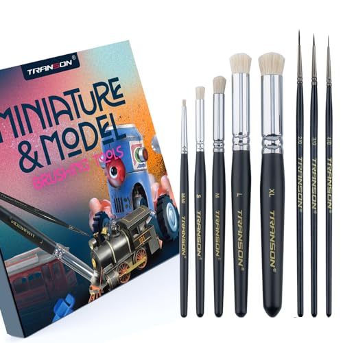 Transon 8pcs Miniature Painting Dry Brush Set with 5 Drybrushes and 3 Small Detail Brushes for Model Making and Miniature Model Painting TRANSON