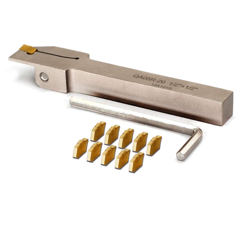 OSCARBIDE 1/2" Shank Nickel Plated Indexable Lathe Grooving Parting Holder Heavy Duty with 10 Pieces GTN-2(QC1402) Carbide Inserts QA08R-20 Right OSCARBIDE