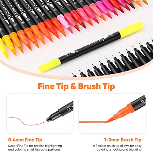 Caliart 72 Dual-Tip Brush Markers Set, Multicolor, 144 Nibs, Easy to Use, Safe, Non-Toxic Caliart