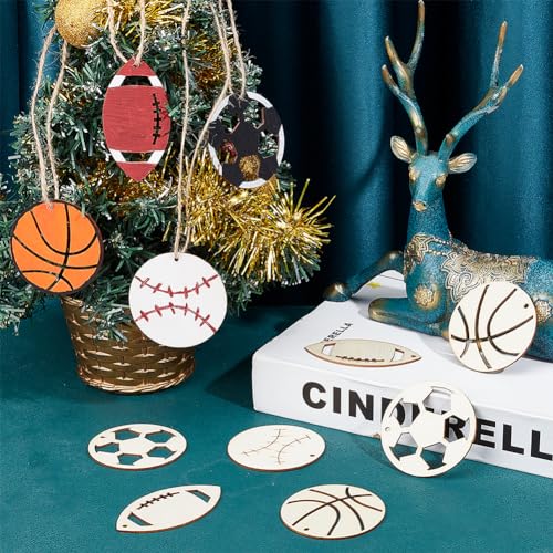 NBEADS 40 Pcs Sport Ball Theme Unfinished Wood Cutout, Unfinished Wood Pieces Wood Craft Blanks Laser Cut Wood Charms for DIY Crafts Decoration NBEADS