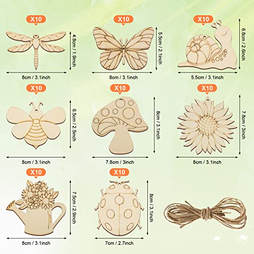 80PCS Wooden Spring Ornaments to Paint, 8 Styles DIY Blank Unfinished Wood Cutouts Ornament for Home Crafts Hanging Decorations, Insect Dragonfly Sophena