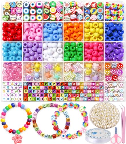 MontoSun Bead Bracelet Making Kit, Friendship Bracelets Making Beads Kit, Pony Beads Charms Beads Clay Flower Letter Beads for Jewelry Making Kit, MontoSun