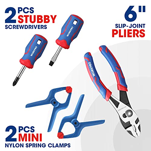 WORKPRO Kids Real Tool Set with 12 Inch Steel Tool Chest with Wheels, 10PCS Boys First Tool Set with 2 Drawers Blue Metal Rolling Tool Chest, Kids WORKPRO