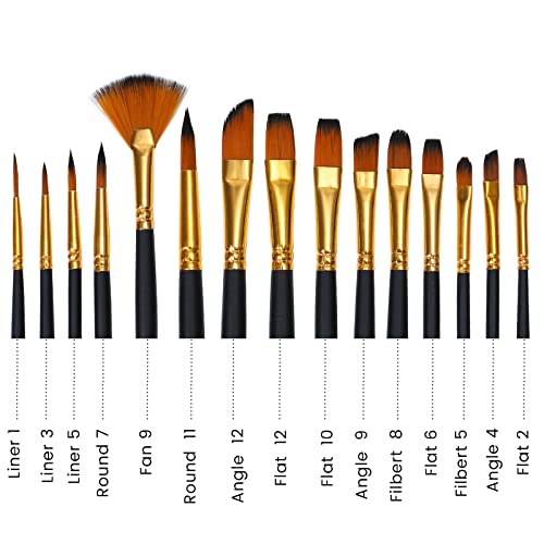 Acrylic Paint Brushes Set 15 Pieces, Nylon Bristle Paintbrushes for Acrylic Painting, Oil and Watercolor Brushes for Body Face Rock Canvas Jsocoah