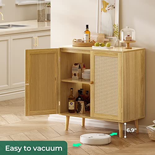 Huuger Buffet Cabinet with Storage, Storage Cabinet with PE Rattan Decor Doors, Accent Cabinet with Solid Wood Feet, Sideboard Cabinet for Hallway, Huuger