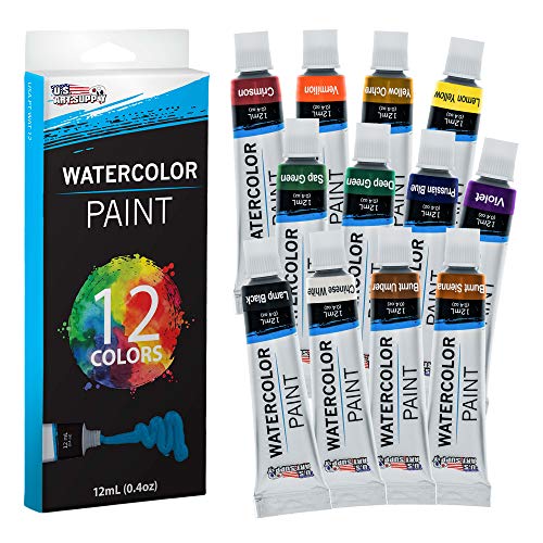 U.S. Art Supply 12ml Premium Vivid Watercolor Artist Aluminum Tube Paint Set (12-Colors) U.S. Art Supply