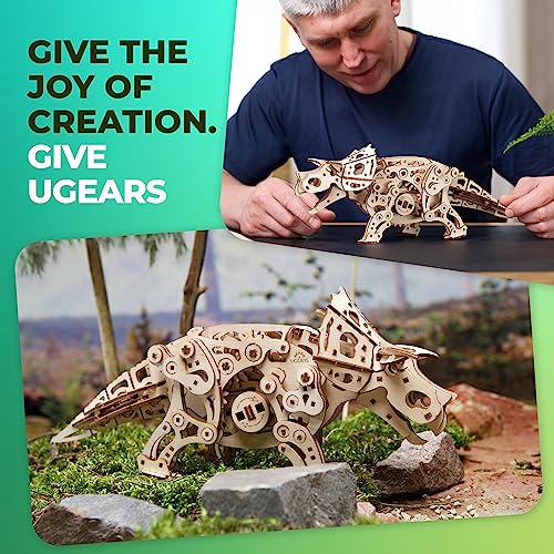 UGEARS Triceratops Dinosaur Wooden Model Kit - 3D Wooden Puzzle for Adults - 1:32 Scale Mechanical Wooden Dinosaur Model - DIY Dinosaur 3D Puzzle UGEARS