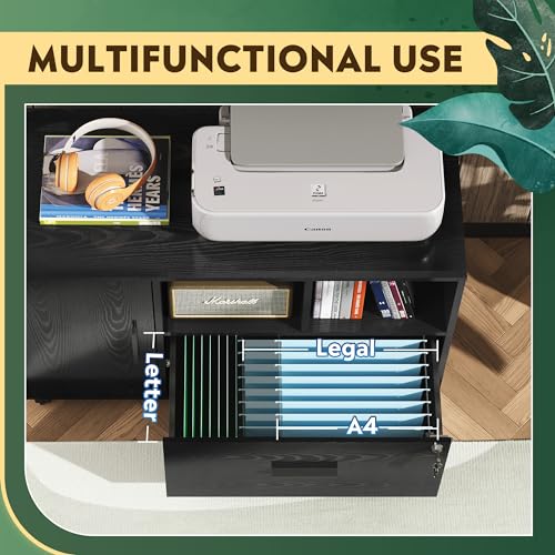 DEVAISE Office File Cabinet with Lock, 1-Drawer Wood Lateral Filing Cabinet on Wheels, Printer Stand with Open Storage Shelves for Home Office, Black DEVAISE