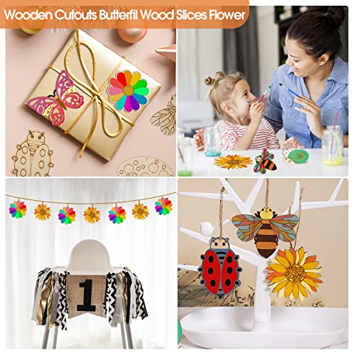 80Pcs Unfinished Wooden Cutouts,8 Styles Wood Butterfly Flower Bee Slices,Blank Wooden Paint Crafts Unfinished Wood Cutouts,DIY Wooden Paint Crafts Vetory