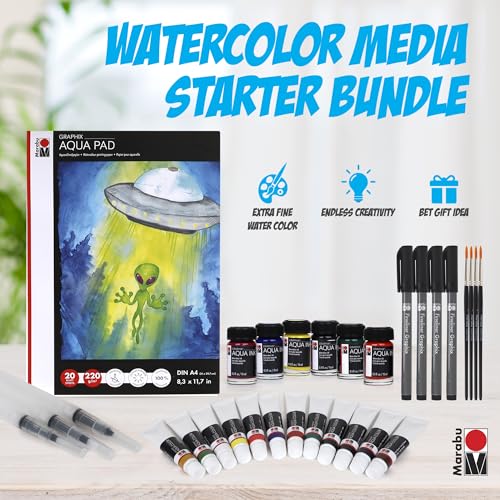 Marabu Watercolor And Mixed Media Set - Quality Watercolor Paper 20 Sheets, A4 220 GSM - 12 Watercolor Paint Tubes, 6 Watercolor Inks, 4 Black Marabu