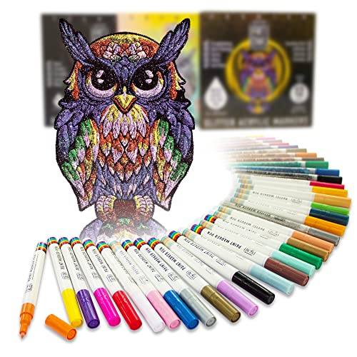 Art Owl 12 Basic Acrylic Paint Pens Extra Fine Tip and 12 Glitter Paint Markers Extra Fine Tip, Bundle for Rock Painting, Stone, Ceramic, Glass, Wood Art Owl