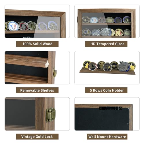 DecoWoodo Military Challenge Coin Display Case with HD Glass Door- 5 Rows Medal Display Case Cabinet Rack Shadow Box with Removable 2 Grooves Shelves DecoWoodo