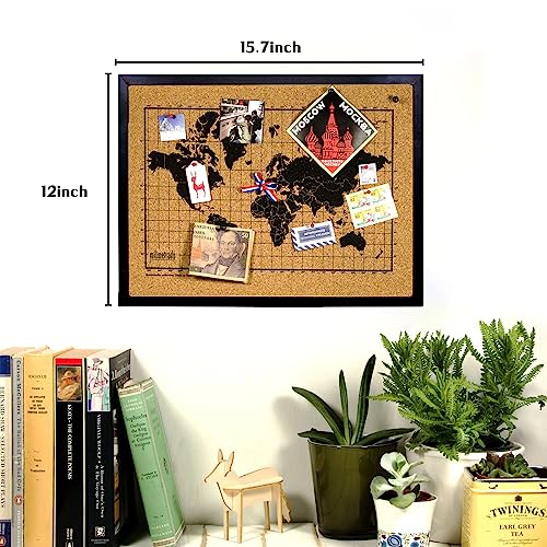 Black Cork Board Bulletin Board, 15.7"X 12" Cork Board, Oak Wood Finish Frame, Wall Mounted Cork Board for Office Home and School(Pins, Eye Bolts, BGJRBY