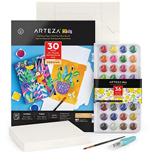 Arteza Kids Watercolor Painting Art Set, Watercolor Paint 36 and Foldable Canvas Paper Bundle, DIY Painting Kit, Art Supplies for Kids and Adults ARTEZA