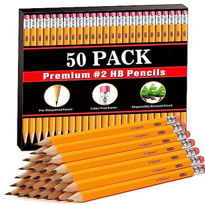 V-Opitos Wood-Cased #2 HB Pencils, 50 Pack Pre-Sharpened Pencils with Top Erasers, Bulk Yellow Pencils for School Teacher Supplies, Writing, Drawing