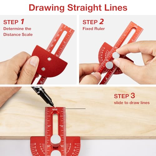 Woodworking Ruler, TOURACE 3Pcs Precision Pocket Ruler Metal Slide Rule Woodworking Tools T Square Metric/Inch Portable Rulers with Protractor Angle TOURACE