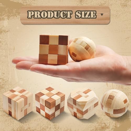 4 Pack Wooden Puzzle Games Brain Teasers Toy- 3D Puzzles for Teens and Adults - Wooden Logic Puzzle Wood Snake Cube Magic Cube Magic Ball Brain Rich Boxer
