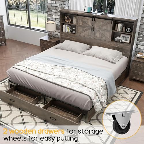HOWE Rustic Queen Wood Platform Bed with Bookcase Headboard & Storage Drawers HOWE