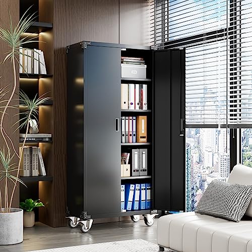 Aobabo 72 Inches Metal Garage Storage Cabinet with Wheels, Locking Metal Storage Cabinet with 4Shelves, Rolling Tool Storage Cabinet on Wheels, Aobabo