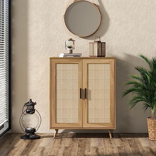Xilingol Buffet Cabinet with Storage, Storage Cabinet with Rattan Decor Doors, Accent Cabinet with Solid Pine Wood Feet, Sideboard Cabinet for Xilingol