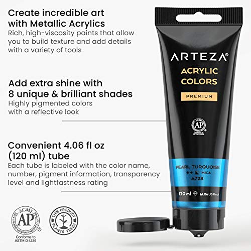 Arteza Metallic Acrylic Paint, Set of 8 Classic Elements Colors 4.06oz Tubes, Rich Pigments, Non Fading, Non Toxic Paints for Artists & Hobby ARTEZA